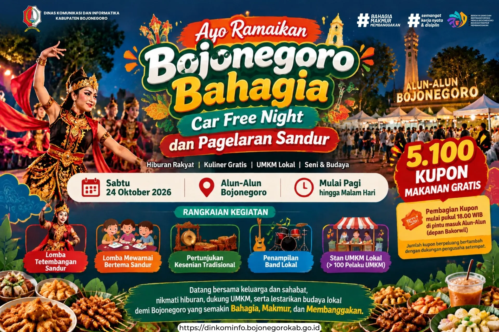 Ayo Ramaikan Bojonegoro Bahagia Car Free Night dan Pagelaran Sandur, Ada Ribuan Kupon Makanan Gratis