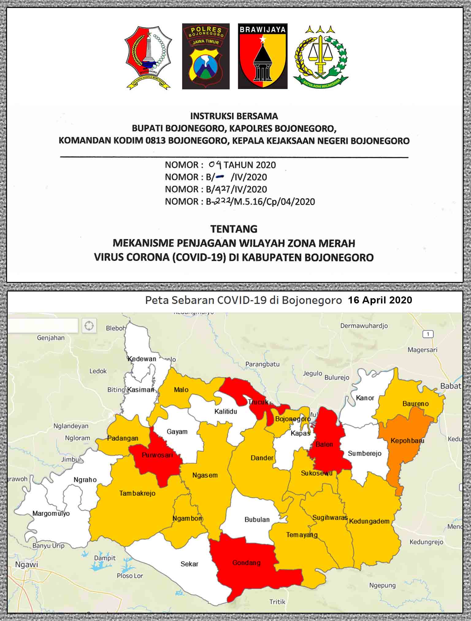 Bojonegoro Terbitkan Instruksi Bersama Mekanisme Penjagaan Zona Merah Covid-19