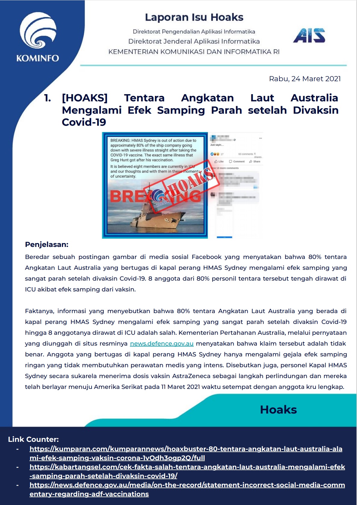 [HOAKS] Tentara Angkatan Laut Australia Mengalami Efek Samping Parah setelah Divaksin Covid-19