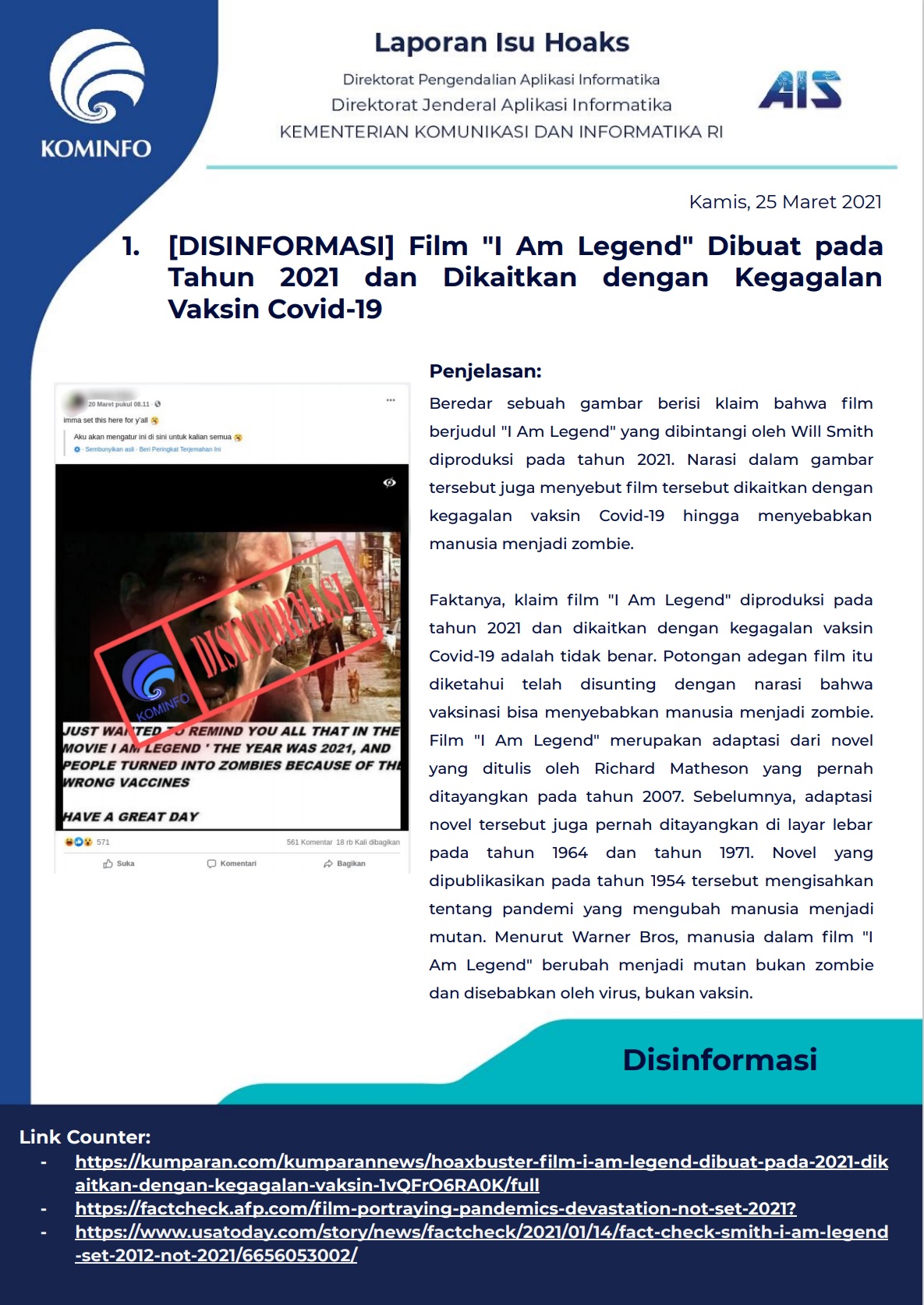 [DISINFORMASI] Film "I Am Legend" Dibuat Tahun 2021 & Dikaitkan dengan Kegagalan Vaksin Covid-19