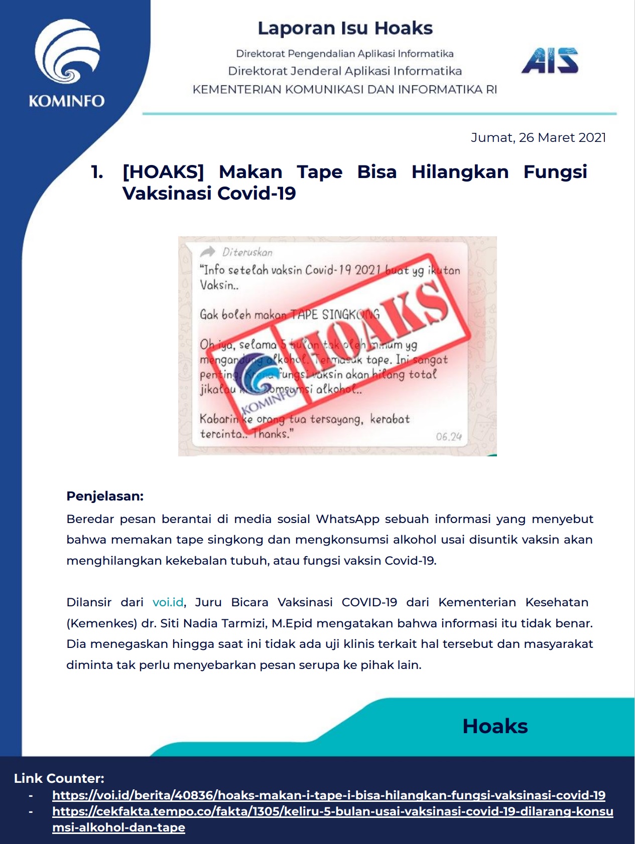 [HOAKS] Makan Tape Bisa Hilangkan Fungsi Vaksinasi Covid-19