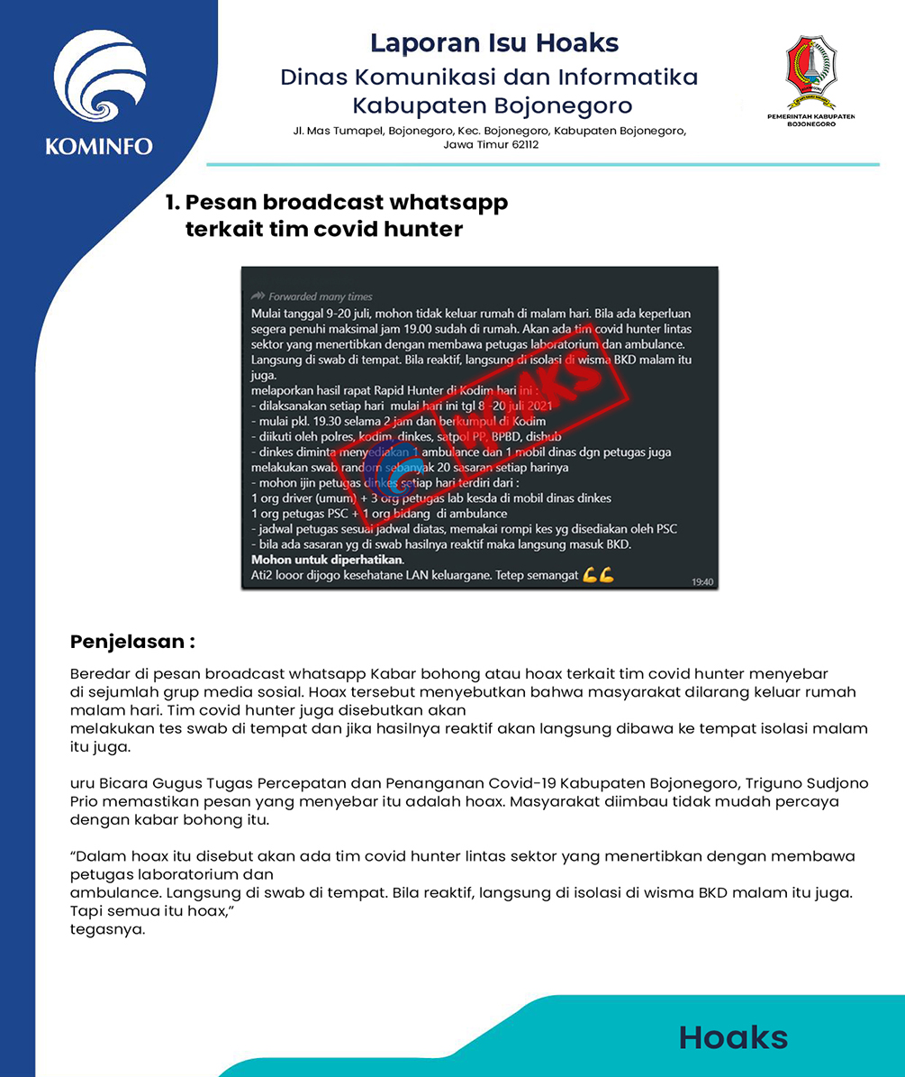 Hoax Tim Covid Hunter Turun Malam Hari, Masyarakat Diminta Tak Percaya