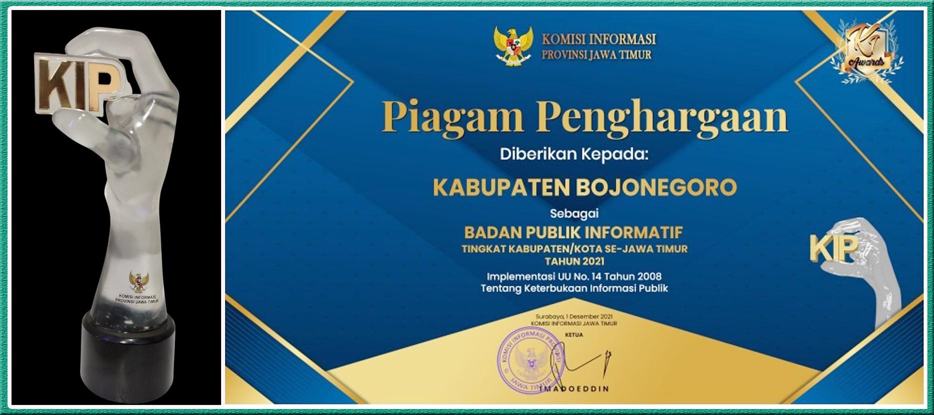 Pemkab Bojonegoro Terima Penghargaan Kategori Tertinggi Komisi Informasi Jatim