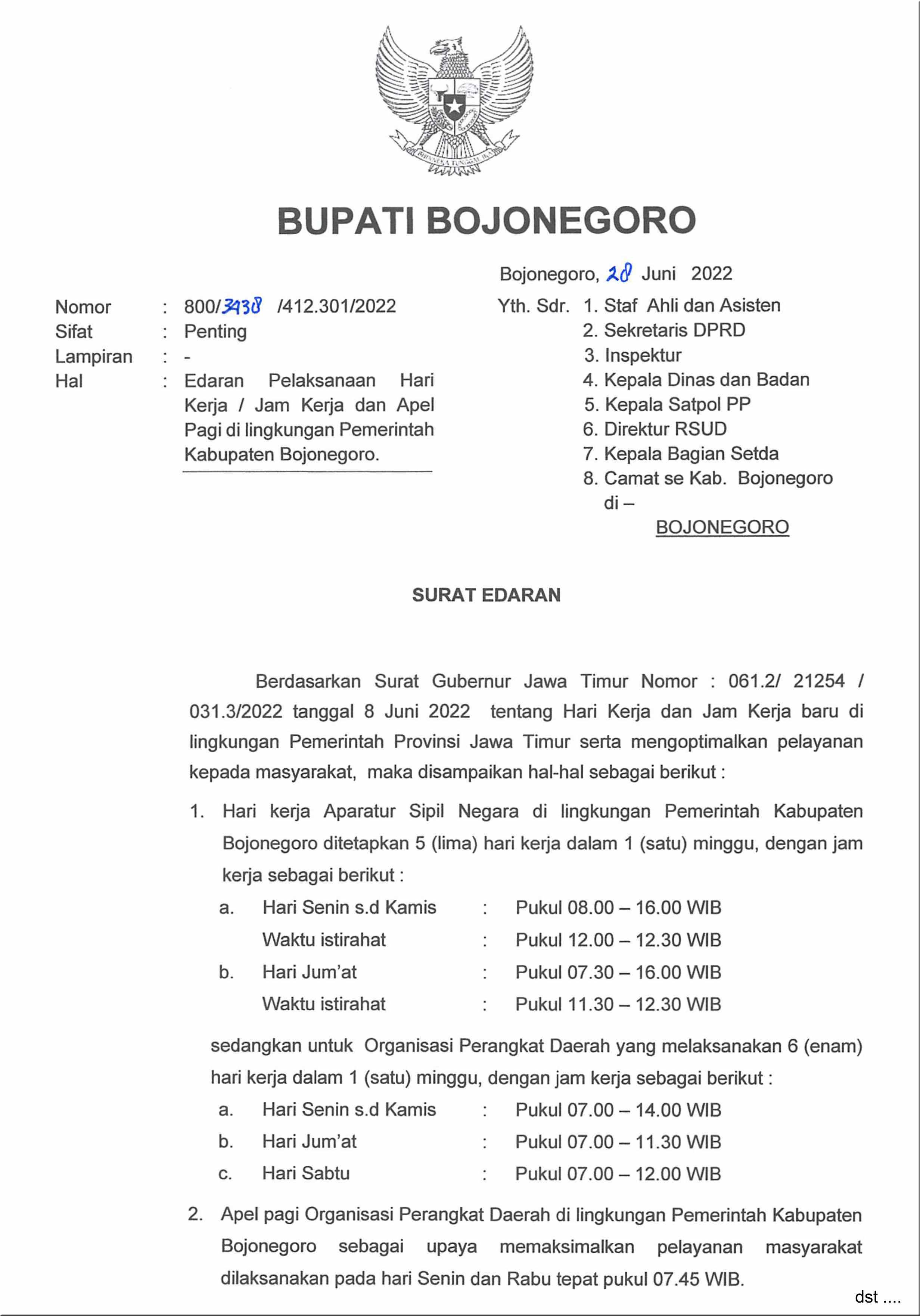 Tingkatkan Kinerja, Bupati Bojonegoro Terbitkan SE Jam Kerja ASN