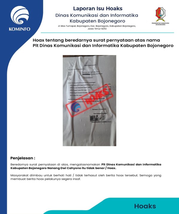 Hoax Pencatutan Nama Pejabat Dinas Kominfo Bojonegoro untuk Memenangkan Calon di Pemilu