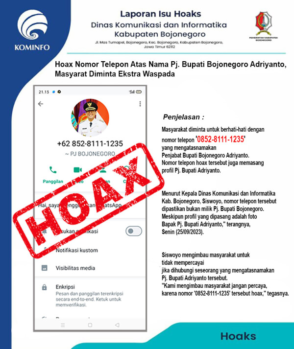Waspada Hoax Nomor Telepon Mengatasnamakan Pj. Bupati Bojonegoro Adriyanto