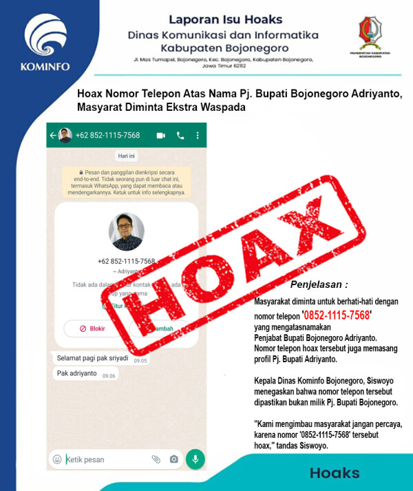 Hoax Nomor Telepon Mengatasnamakan Pj. Bupati Bojonegoro Adriyanto, Masyarakat Diminta Ekstra Waspad