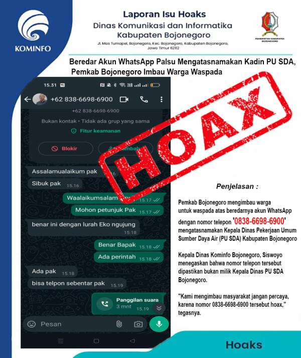 Beredar Akun WhatsApp Palsu Mengatasnamakan Kadin PU SDA, Pemkab Bojonegoro Imbau Warga Waspada
