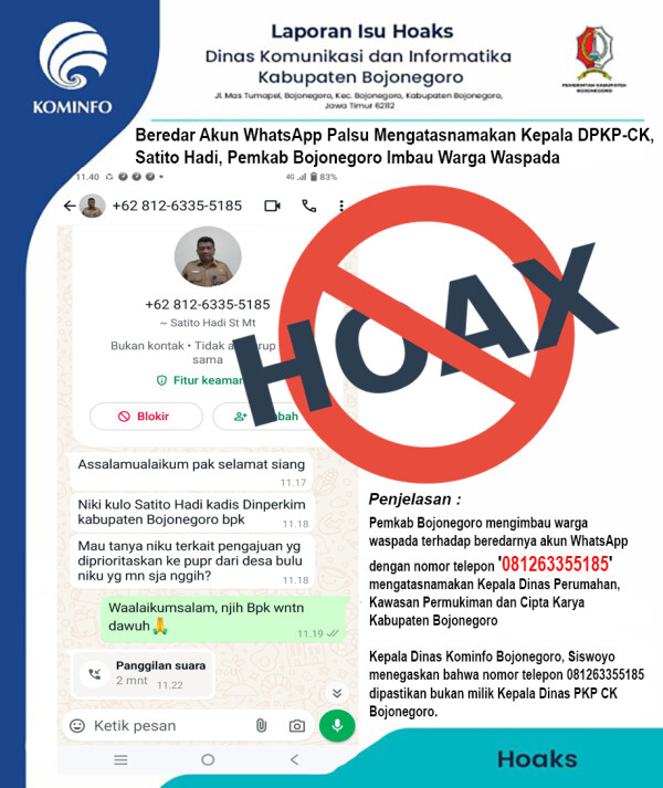 Beredar Akun WhatsApp Palsu Mengatasnamakan Kepala DPKP-CK, Pemkab Bojonegoro Imbau Warga Waspada