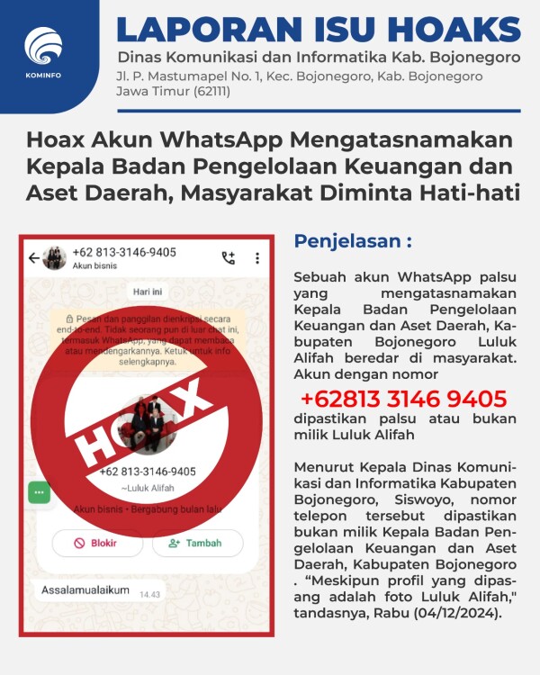Pemkab Bojonegoro Imbau Warga Waspada Akun WhatsApp Palsu Mengatasnamakan Kepala BPKAD
