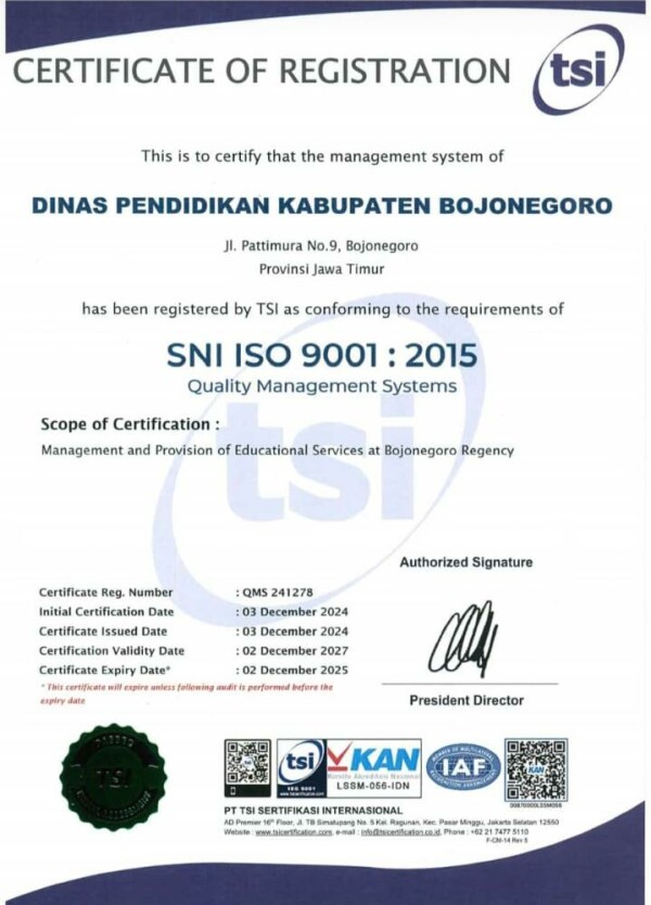 Berstandar Internasional, Dinas Pendidikan Bojonegoro Raih Sertifikat ISO 9001:2015