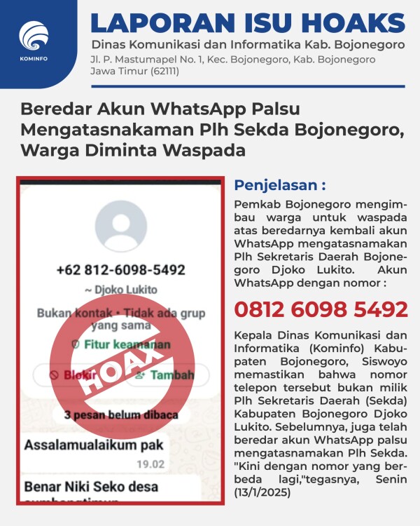 Beredar Akun WhatsApp Palsu Mengatasnakaman Plh Sekda Bojonegoro, Warga Diminta Waspada
