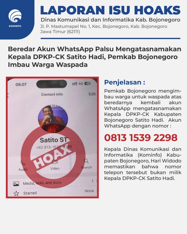 Beredar Akun WhatsApp Palsu Mengatasnamakan Kepala DPKP-CK, Pemkab Bojonegoro Imbau Warga Waspada