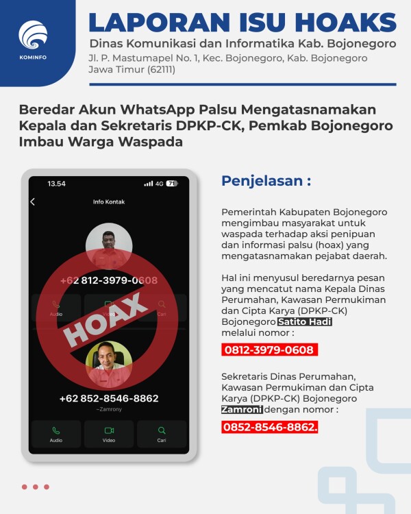 Beredar Akun WhatsApp Palsu Mengatasnamakan Kepala dan Sekretaris DPKP-CK, Pemkab Bojonegoro Imbau Warga Waspada