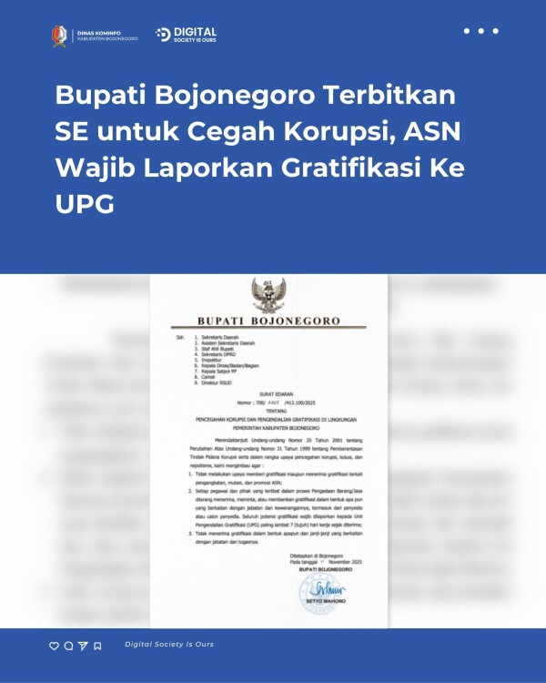 Bupati Bojonegoro Terbitkan SE untuk Cegah Korupsi, ASN Wajib Laporkan Gratifikasi Ke UPG