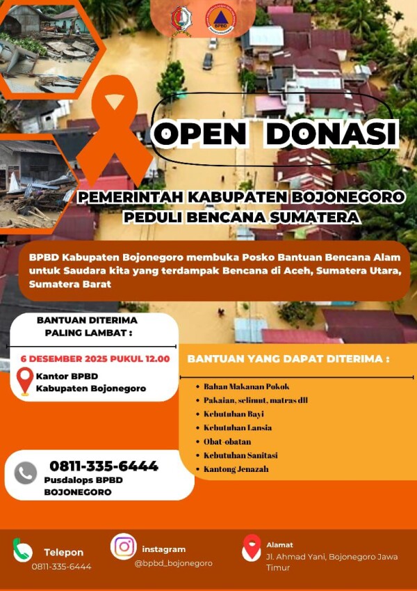 BPBD Bojonegoro Buka Donasi untuk Korban Bencana Alam Sumatera