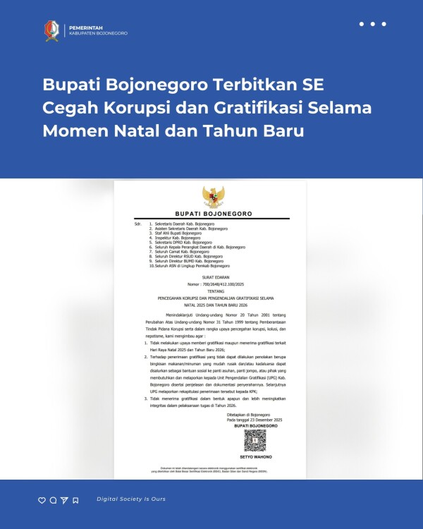 Bupati Bojonegoro Terbitkan SE Cegah Korupsi dan Gratifikasi Selama Momen Natal dan Tahun Baru