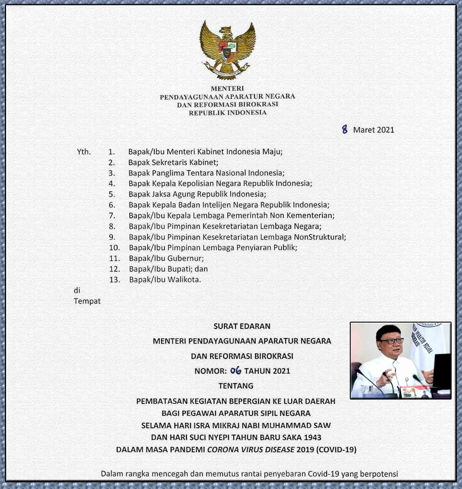 Libur Isra Mikraj & Nyepi, MenPAN-RB Terbitkan Edaran Larangan ASN Bepergian ke Luar Daerah